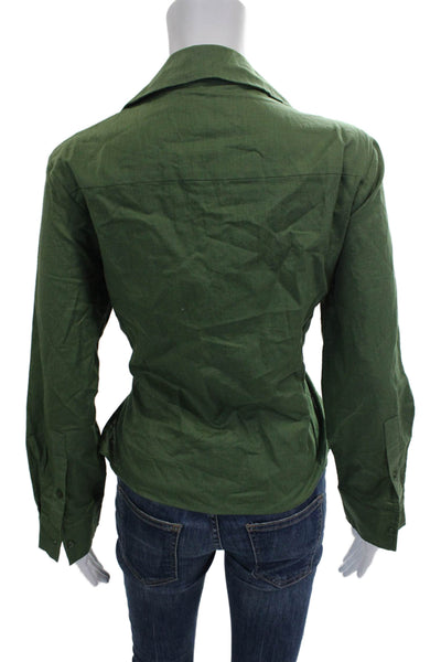 Gottex Womens Cropped Button-Up Green Linen Collared Long Sleeve Size S