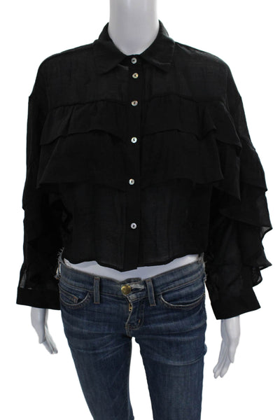 Zara Womens Cropped Black Cupro Collared Long Sleeve Blouse Button Size XS