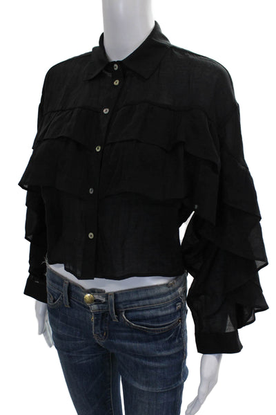 Zara Womens Cropped Black Cupro Collared Long Sleeve Blouse Button Size XS