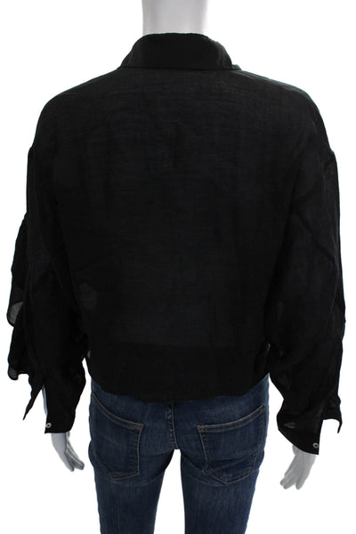 Zara Womens Cropped Black Cupro Collared Long Sleeve Blouse Button Size XS