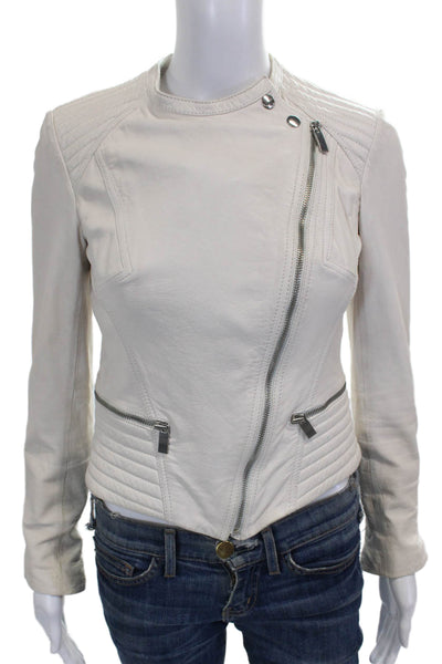 Needle & Thread Womens Ivory Leather Biker Jacket Zip Size 2