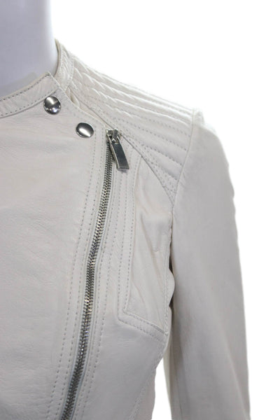 Needle & Thread Womens Ivory Leather Biker Jacket Zip Size 2