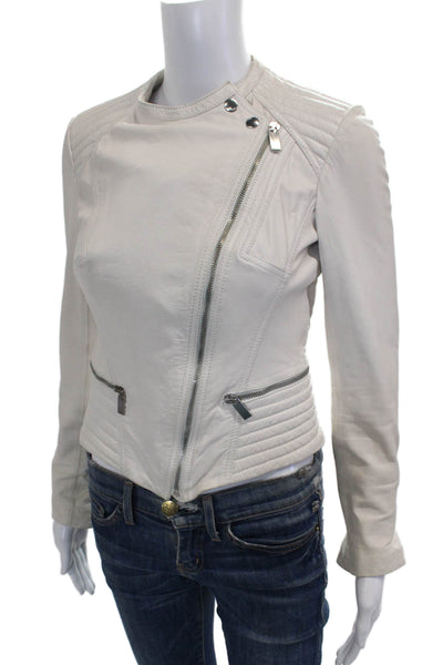 Needle & Thread Womens Ivory Leather Biker Jacket Zip Size 2
