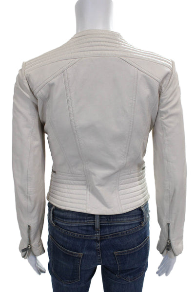 Needle & Thread Womens Ivory Leather Biker Jacket Zip Size 2
