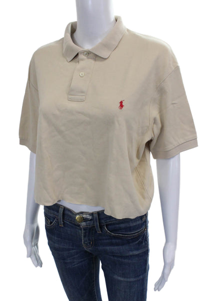 Polo Ralph Lauren Women Cropped Polo Beige Cotton Blend Short Sleeve Size M