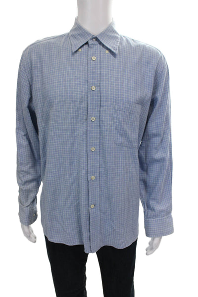 Canali Mens Cotton Blend Checkered Collared Button Up Shirt Blue Size L