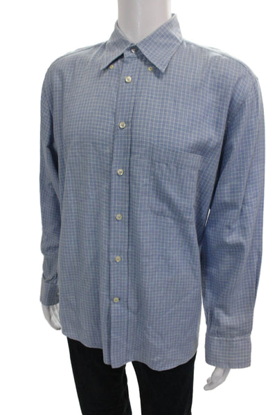 Canali Mens Cotton Blend Checkered Collared Button Up Shirt Blue Size L