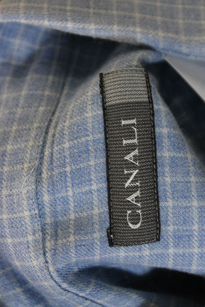 Canali Mens Cotton Blend Checkered Collared Button Up Shirt Blue Size L