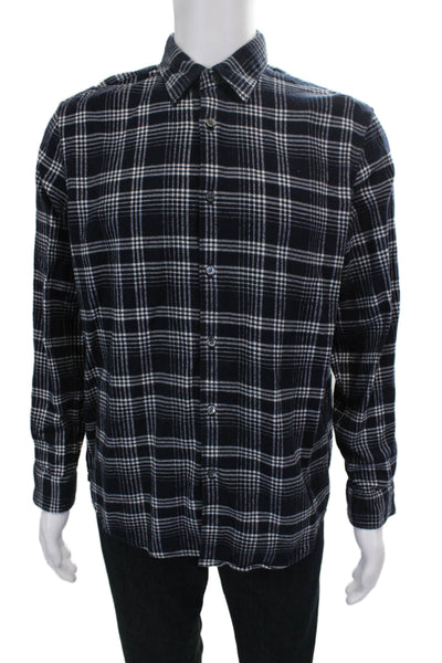 Theory Mens Cotton Plaid Collared Button Up Shirt Navy Size L
