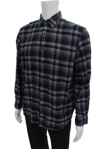 Theory Mens Cotton Plaid Collared Button Up Shirt Navy Size L