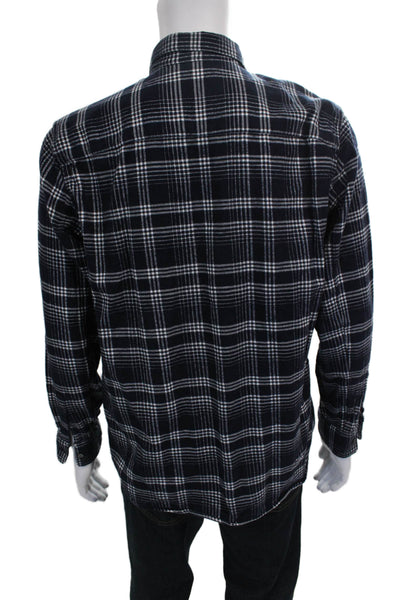 Theory Mens Cotton Plaid Collared Button Up Shirt Navy Size L