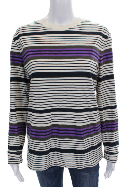 Club Monaco Women White Striped Cotton Crew Neck Long Sleeve T-Shirt Size S
