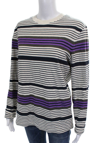 Club Monaco Women White Striped Cotton Crew Neck Long Sleeve T-Shirt Size S
