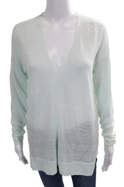 Vince Womens Pullover Linen Sweater Green V Neck Long Sleeve Size S