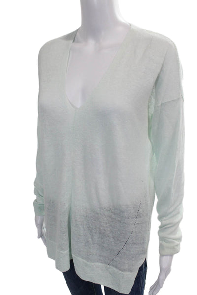 Vince Womens Pullover Linen Sweater Green V Neck Long Sleeve Size S