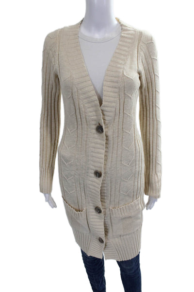 James Perse Women Cardigan Beige V-Neck Geometric Cotton Long Sleeve Size 2