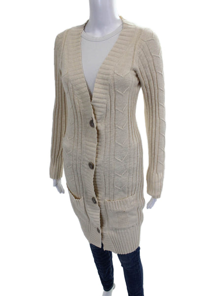 James Perse Women Cardigan Beige V-Neck Geometric Cotton Long Sleeve Size 2