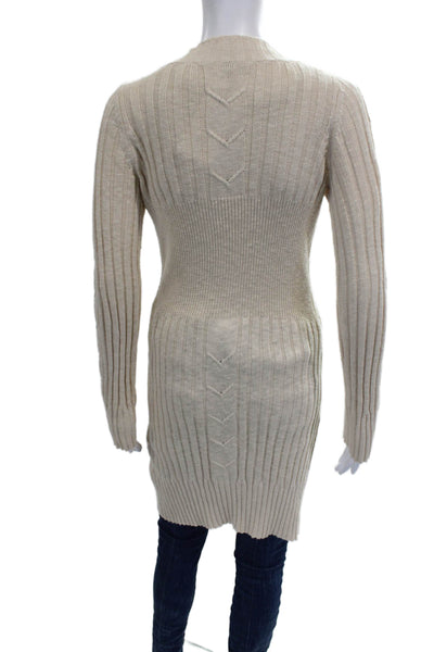 James Perse Women Cardigan Beige V-Neck Geometric Cotton Long Sleeve Size 2