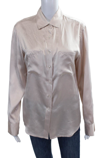 Gilber Gilmore Women Basic Button-Up Silk Collared Solid Long Sleeve Top Size S