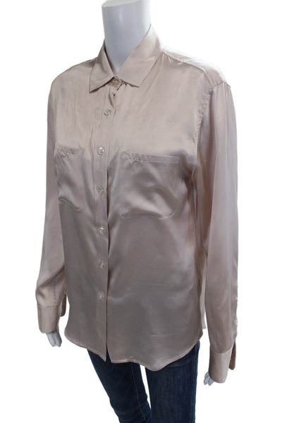Gilber Gilmore Women Basic Button-Up Silk Collared Solid Long Sleeve Top Size S
