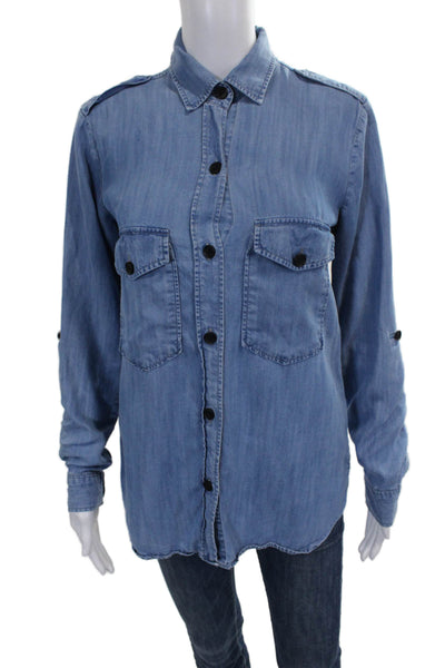 Zara Womens Blue Tencel Collared Long Sleeve Basic Button-Up Shirt Size S