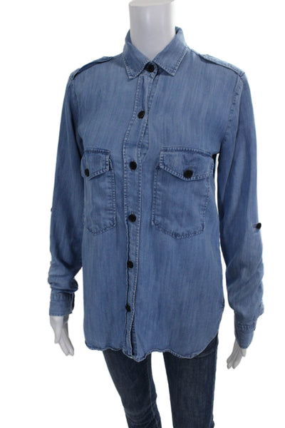 Zara Womens Blue Tencel Collared Long Sleeve Basic Button-Up Shirt Size S