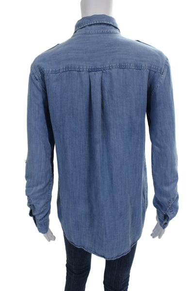 Zara Womens Blue Tencel Collared Long Sleeve Basic Button-Up Shirt Size S