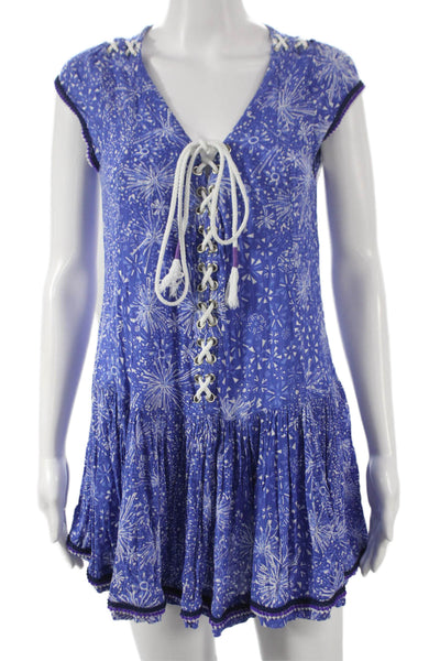 Poupette St. Barth Womens Shift Dress Blue V Neck Cap Sleeve Size XS