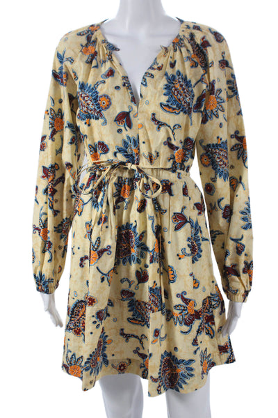 ALC Women Shift Dress Beige Cotton Floral V Neck Long Sleeve Short Size 0
