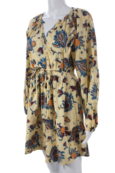 ALC Women Shift Dress Beige Cotton Floral V Neck Long Sleeve Short Size 0
