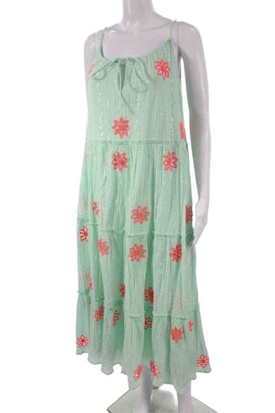 Sundress Women Green Floral Cotton Midi Sleeveless Scoop Neck Size One Size