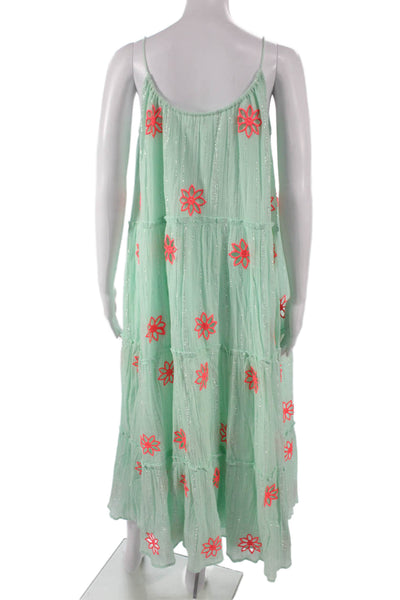 Sundress Women Green Floral Cotton Midi Sleeveless Scoop Neck Size One Size