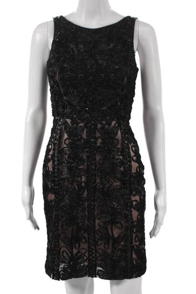Sue Wong Womens Sheath Dress Black Floral Sleeveless Zip Nylon Knee Size 0