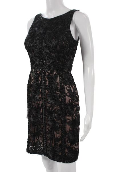 Sue Wong Womens Sheath Dress Black Floral Sleeveless Zip Nylon Knee Size 0