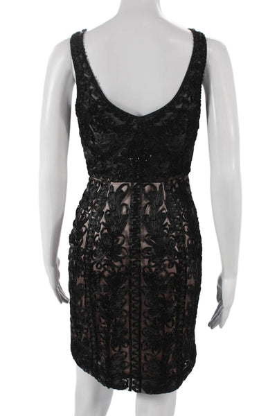 Sue Wong Womens Sheath Dress Black Floral Sleeveless Zip Nylon Knee Size 0