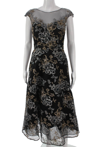 Rickie Freeman Teri Jon Womens Fit & Flare Black Floral Mid Calf Dress Size 2