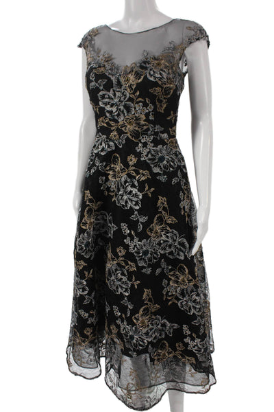 Rickie Freeman Teri Jon Womens Fit & Flare Black Floral Mid Calf Dress Size 2