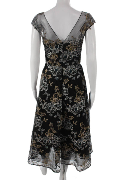 Rickie Freeman Teri Jon Womens Fit & Flare Black Floral Mid Calf Dress Size 2