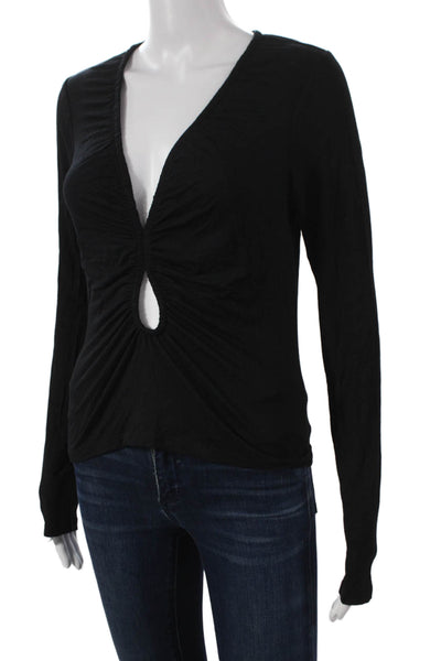 Frame Women Basic V-Neck Black Modal Long Sleeve Pullover Blouse Size M