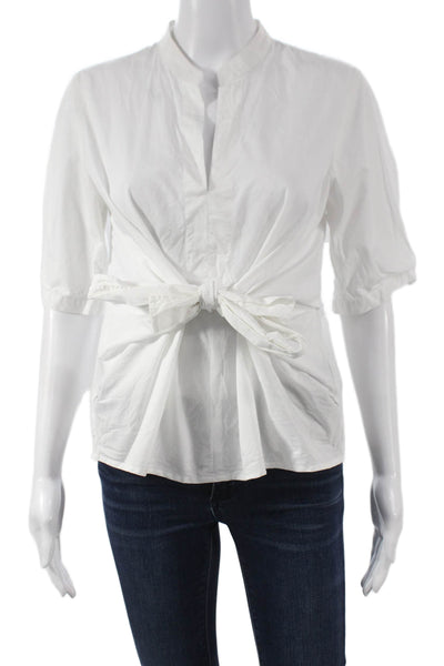 J Crew Women White Cotton Collared Tie Blouse 3/4 Sleeve Basic Size XS