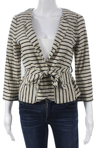 J Crew Womens Beige Striped Cotton 3/4 Sleeve Jacket Button Size 4