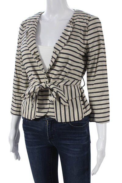J Crew Womens Beige Striped Cotton 3/4 Sleeve Jacket Button Size 4