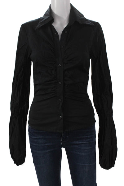 Catherine Malandrino Women Black Cotton Collared Long Sleeve Blouse Size S