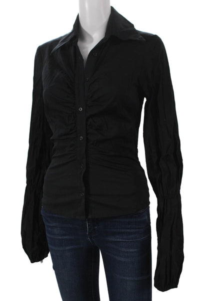 Catherine Malandrino Women Black Cotton Collared Long Sleeve Blouse Size S