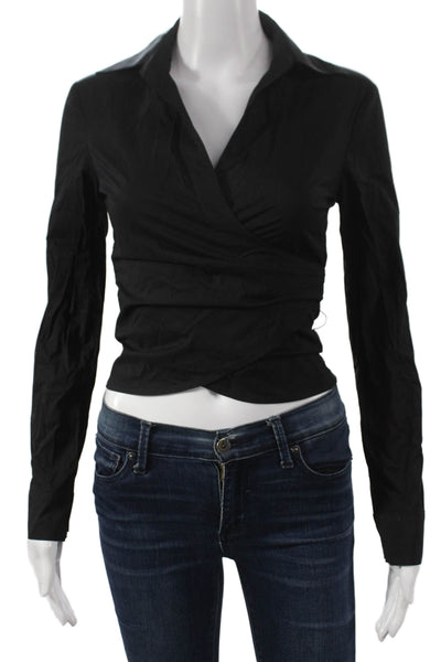 BCBGMAXAZRIA Womens Cropped Black Cotton Collared Long Sleeve Blouse Size 4