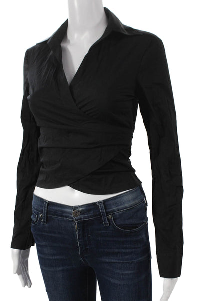 BCBGMAXAZRIA Womens Cropped Black Cotton Collared Long Sleeve Blouse Size 4