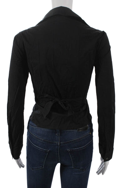 BCBGMAXAZRIA Womens Cropped Black Cotton Collared Long Sleeve Blouse Size 4
