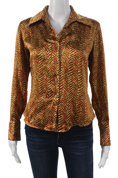 Kasper Women Button Up Blouse Orange Geometric Long Sleeve Petite Size 4