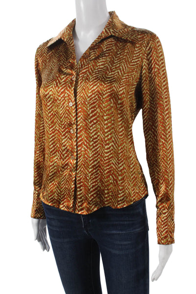 Kasper Women Button Up Blouse Orange Geometric Long Sleeve Petite Size 4