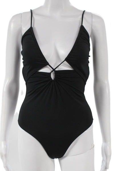 Zara Women Black V-Neck Sleeveless Polyurethane Jumpsuit Size S